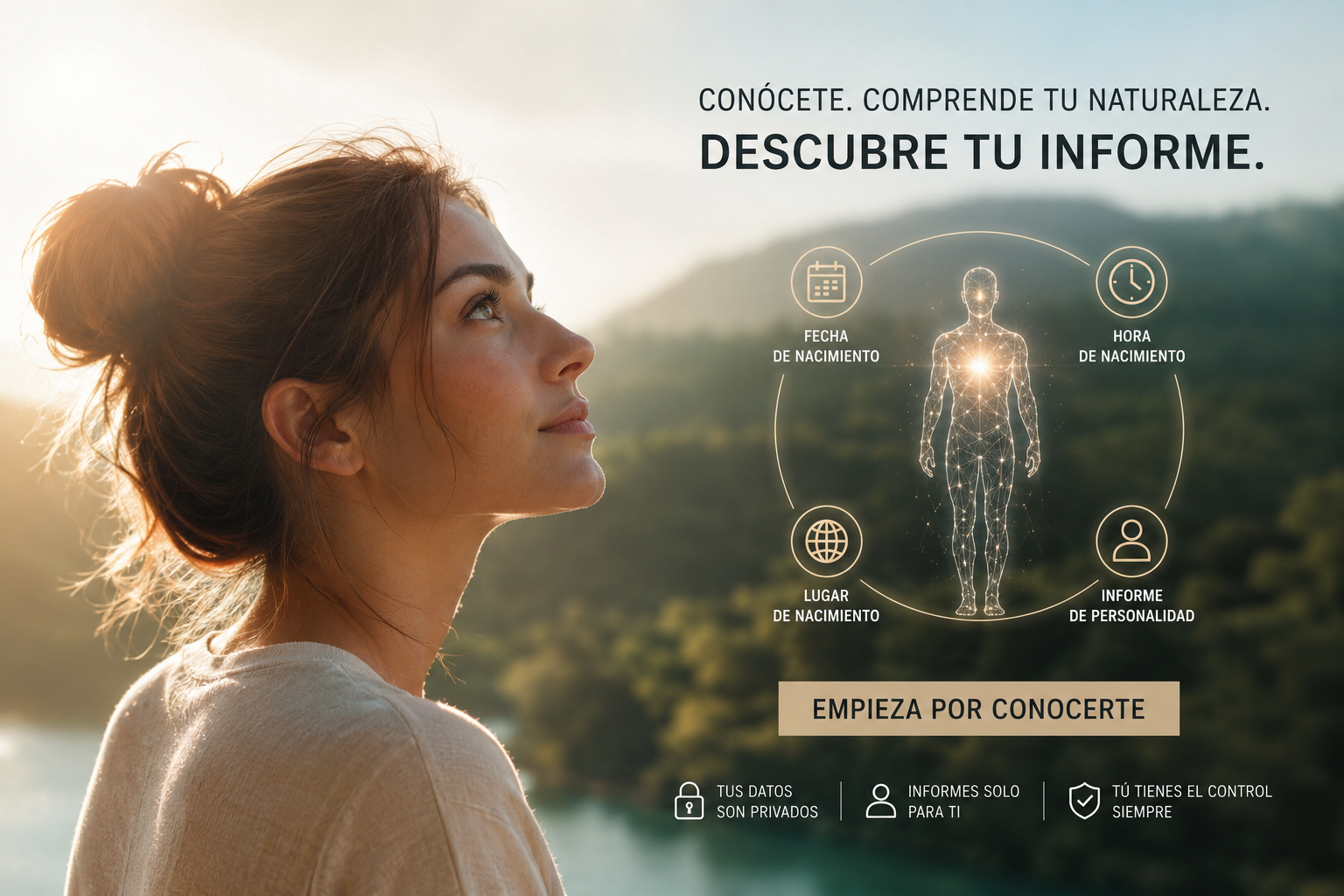 Mujer mirando al horizonte junto a un lago, con un esquema que une fecha, hora y lugar de nacimiento con el Informe de Personalidad